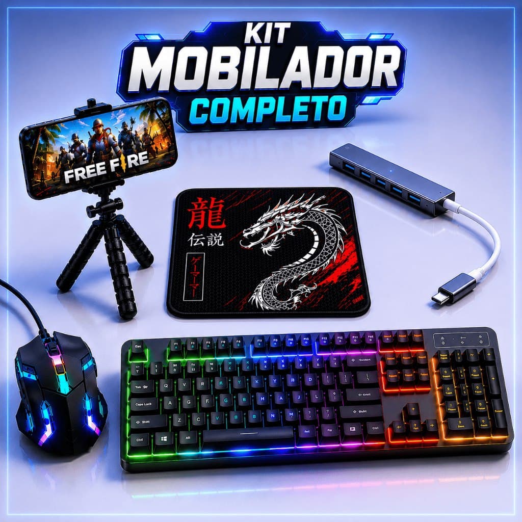 Kit Gamer para Celular - Teclado RGB, Mouse Gamer, Mouse Pad, Hub USB Tipo C e Tripé