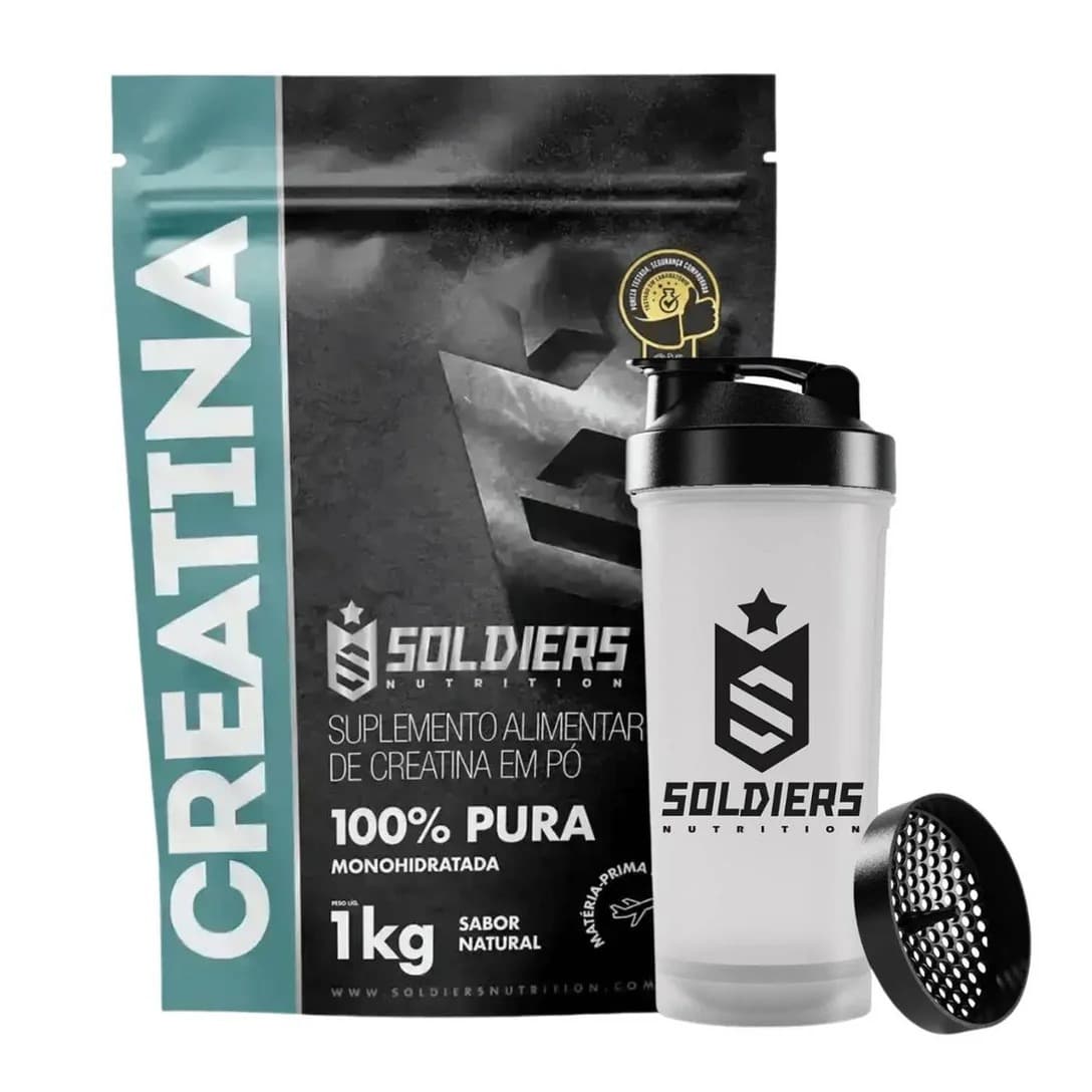 Kit Creatina 1kg com Coqueteleira Slim Preto Transparente Soldiers Nutrition